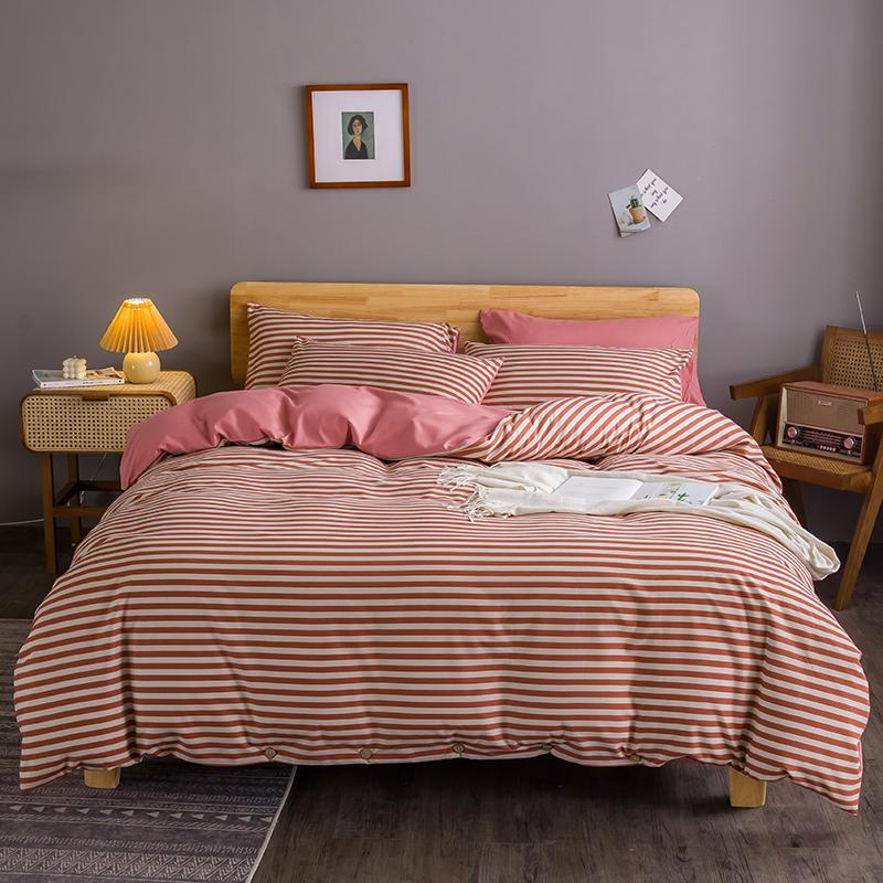 

Red Stripes Bedding Set Button Decorate Duvet Cover Japan Style Bed Linen Duvet Cover Pillowcase Bed Sheets Set, 09