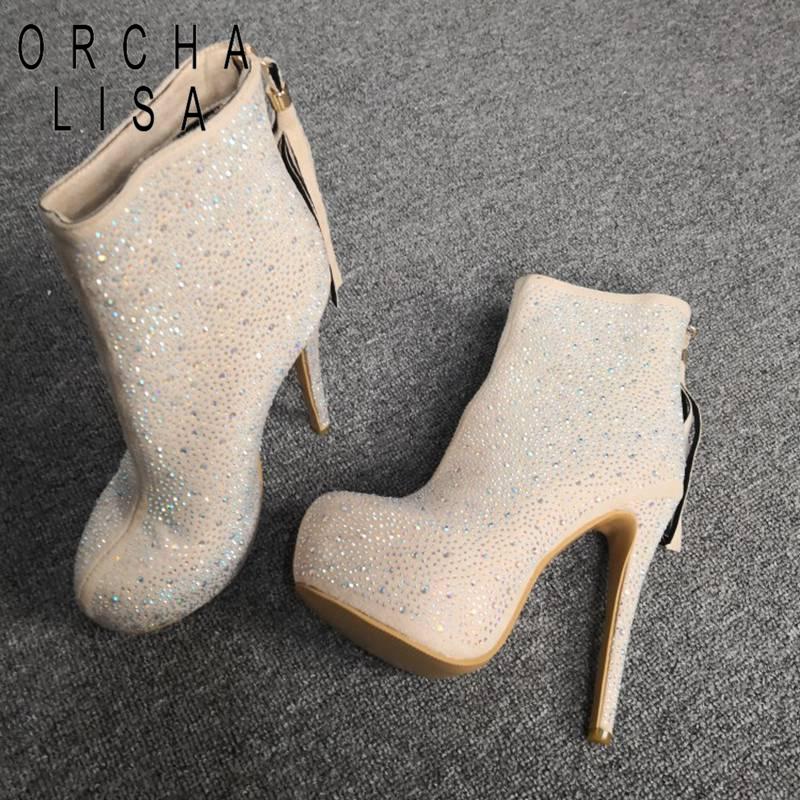 

ORCHA LISA Women Ankle Boots Round Toe High Thin Heels Platform Tassel Glitter Crystal Zipper Sexy Party Club Boots Size 35-47, Beige