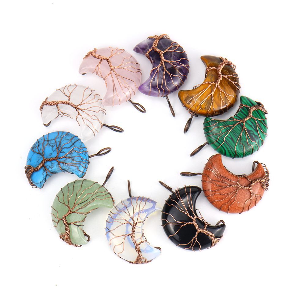 

Healing Crystal Natural Stone Moon Charms Necklaces Retro Twine Tree of life Wire Wrap Pendant Turquoise Tiger Eye Rose Quartz Wholesale Jewelry gift