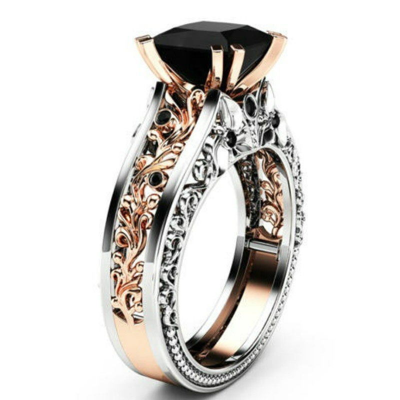 

Princess Black / White Zircon Ring Rose Gold Filled Wedding Bridal Jewelry Size 5-12
