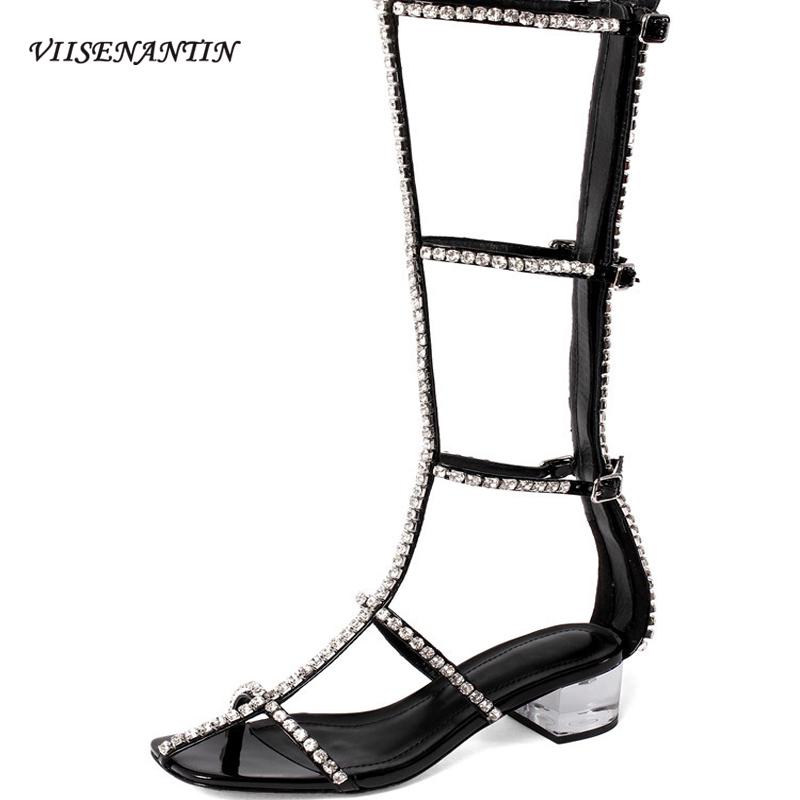 

Rhinestone Party Fashion Buckle Strap Sandals Women Square Toe Crystal Medium Thick Heel Sexy Strappy Open Toe Roman Long Boots, Black