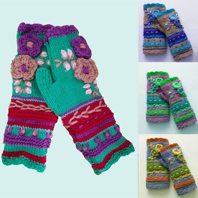 

Winter Womens Cashmere Mittens Warm Gloves Casual Flower Knit Fingerless Gloves Handwarmers Glove Mittens Without Fingers #T2G