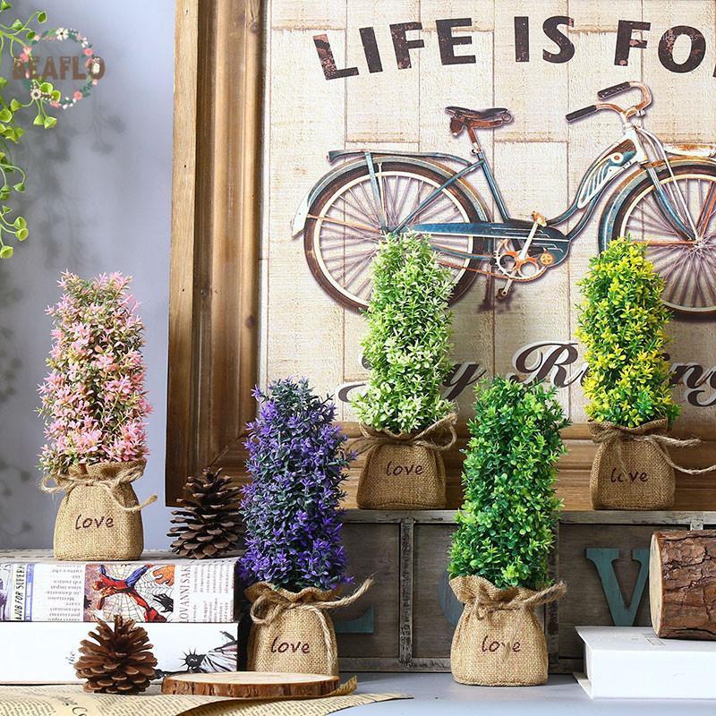 

1PC Plastic Rural Artificial Flowers Plant Potted Plant Bonsai Sack Cloth For Home Party Decorative1, Green