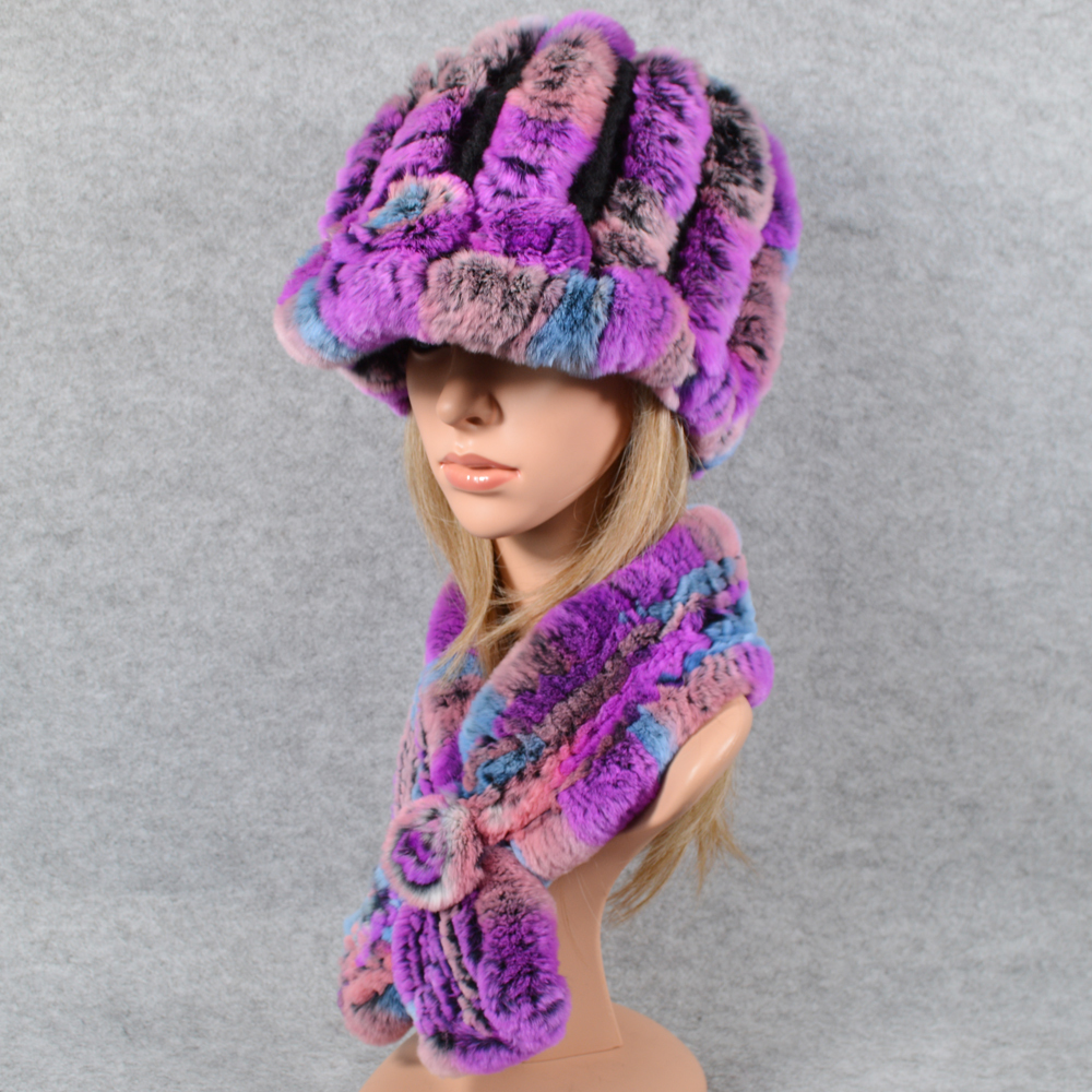 

Russia's lady wind-proof 2 parts define real scarf hat rex fur cover leather scarves natural rabbit neckerchief hats
