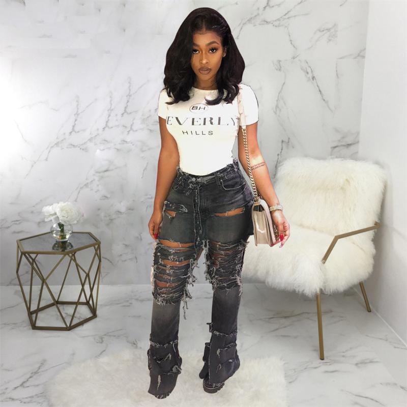 

Plus Size Sexy Hole Ripped Flare Jeans Women Streetwear High Waist Wide Leg Denim Pants Bell-Bottoms Trousers Female, Black