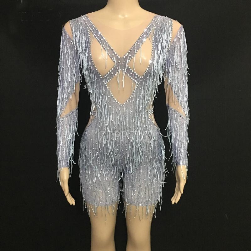 

Women Sexy Net Yarn Bodysuit Silver Tassel Sparkling Crystals DJDS Jumpsuit Nightclub Birthday Party Wear Dancer Singer Costumes
