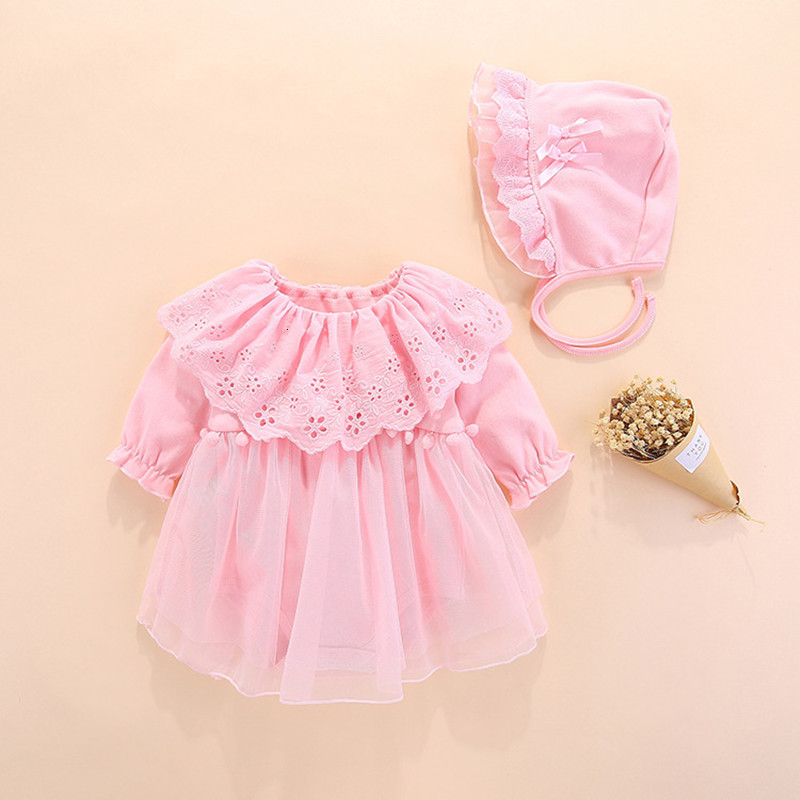 

2021 New Baby Girls Clothes Newborn Lace Clothing Set Jumpsuit+hat Cute Infant Cirls Bodysuits One-pieces 0-12m Ojmz, Pink