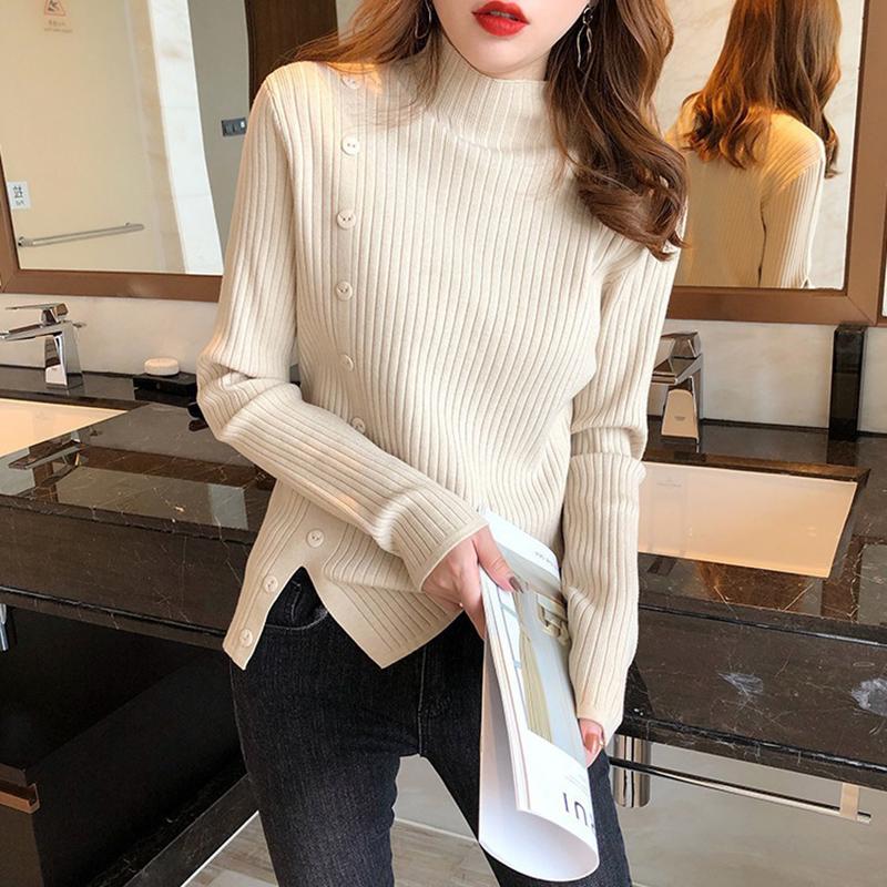 

2020 Women Autumn Knitted Slim Sweaters Solid Knitted Female Soft Elastic irregular Pullovers Button Full Sleeve Turtleneck, White;black