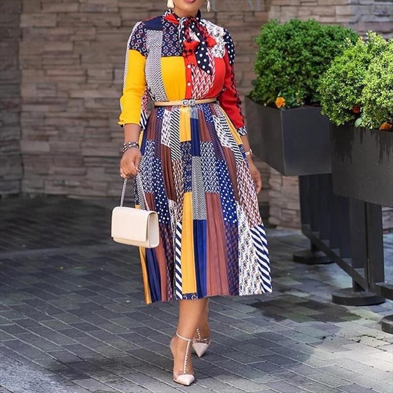 Office Ladies Work Wear Bow Collar Print A Line Color Block Dress Casual Fit And Flare Pleated Dress 2020 Summer Women Fashion-image-628289186