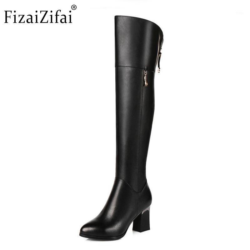 

Women Genuine Real Leather Over The Knee Boots Winter Boots Sexy High Heel Fashion Round Toe Zipper Women Shoes Size 33-421, Black