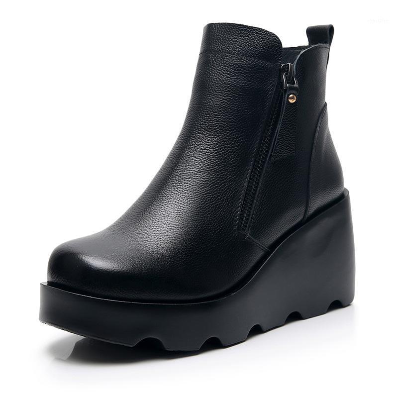 

Top Cowhide Thick Sole Retro Autumn Boots Women Ankle Boots Comfort Wedges High Heel Shoes Woman Winter Warm Snow1, Black autumn boots