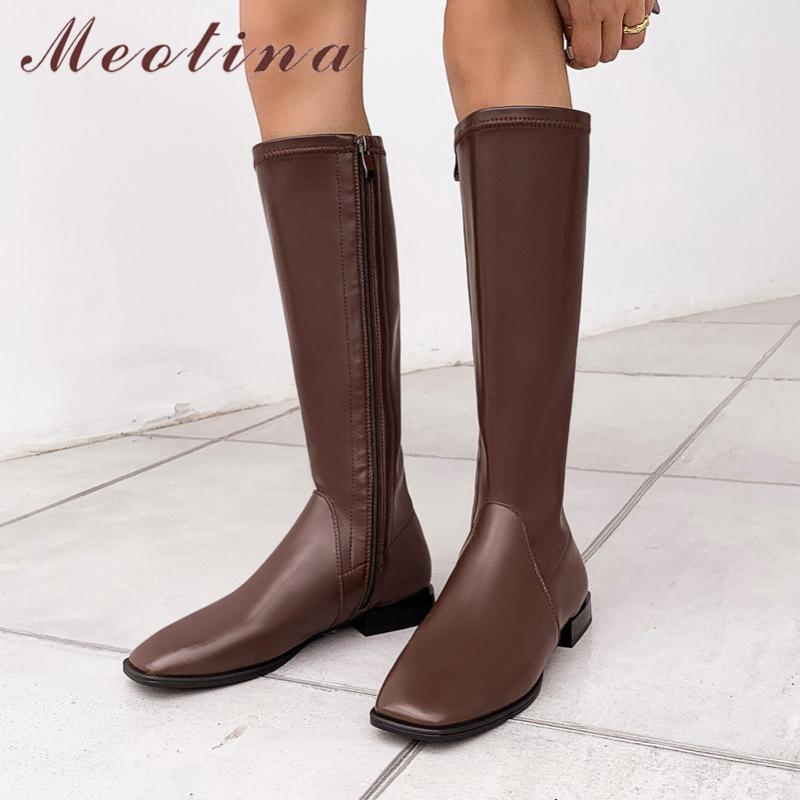 

Meotina Women Knee High Boots Shoes Real Leather Low Heel Lady Long Boots Square Toe Thick Heels Zip Riding Autumn Winter1, Brown synthetic lin