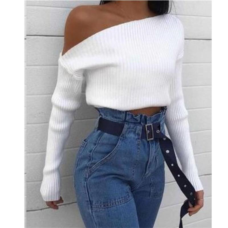 

Women Sexy Skew Collar Sweaters Solid Color Long Sleeves Casual Pullover Female Ribbed Knitted Tops Wear Ladies' Knitwear Fall