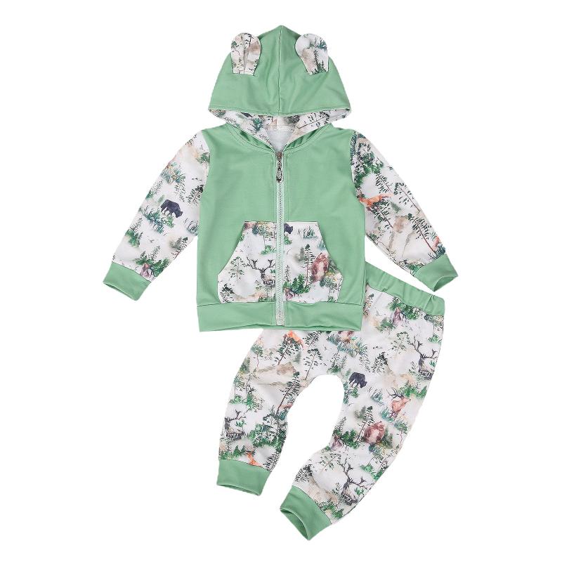 

NEW Autumn 1-6Y Fashion Kids Baby Boys Clothes Sets Floral Print Ear Hooded Long Sleeve Zipper Pocket Jacket Tops Pants 2pcs, As pic