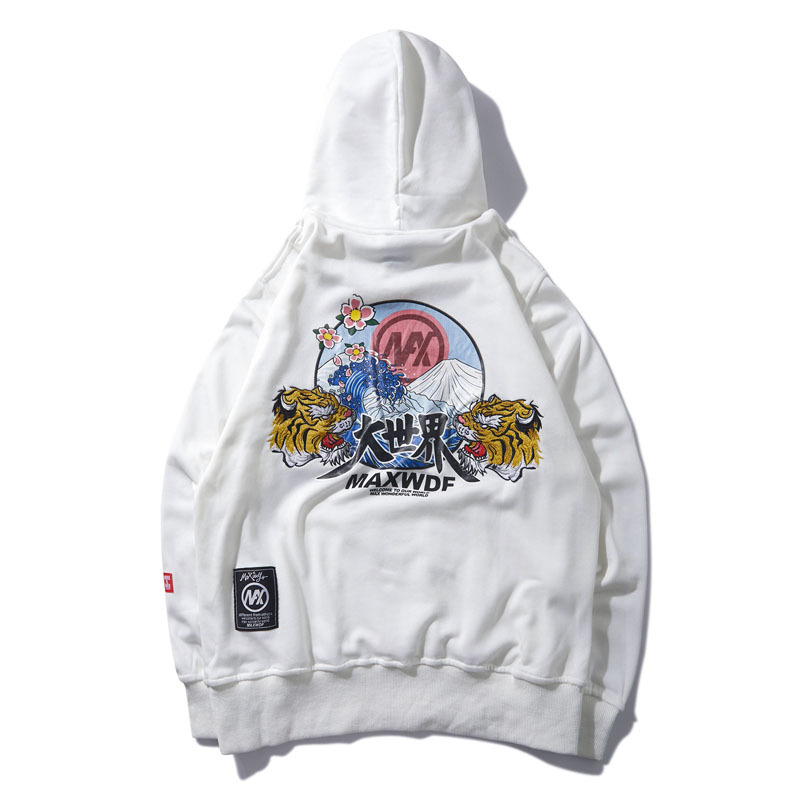 

hip High quality hop tiger's head embroidered hoodies sweat from super fire men personality big world printed sweater sweaters 475K, White