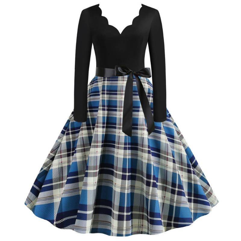 

Plus Size Women Clothing Vintage Dresses Long Sleeve Elegant V Neck Plaid Stripe Print Swing Party Winter Christmas Dress Pinup, Petticoat red