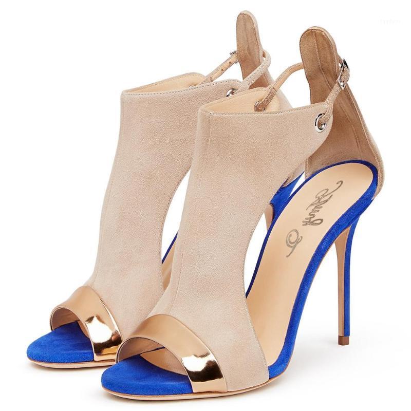 

Peep Toe Sandals For Women Faux Leather Flock Summer Mixed Colors High Heels Ladies Shoes Buckle Strap Metal Shoes1, Blue