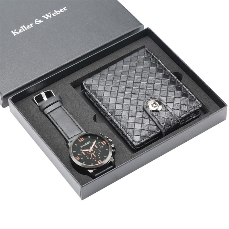 

Wristwatches Keller & Weber Men Watch Wallet Gift Sets Quartz PU Leather Wristwatch Casual Standard Folding Purse Present Set Male, Set 1109