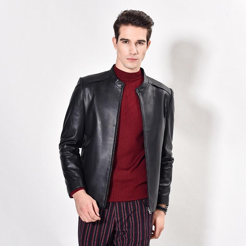 

Mens Jacket 100% Leather sheepskin Collar Business Men Jacket Natural Leather High-Quality Coat H7271, Black