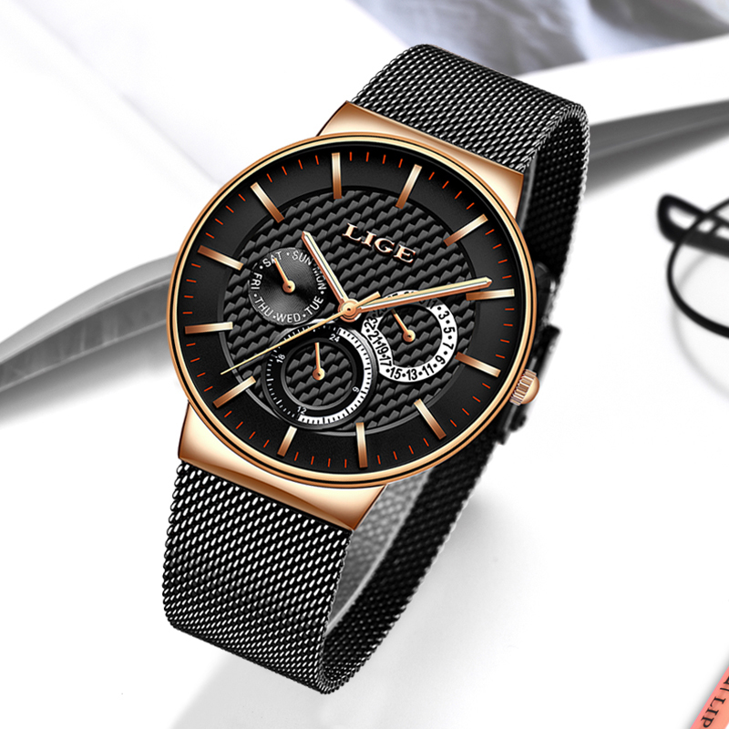

LIGE New Women Fashion Watch Creative Lady Casual Watches Stainless Steel Mesh Band Stylish Desgin Luxury Quartz Watch For Women 201120, Rose gold blue