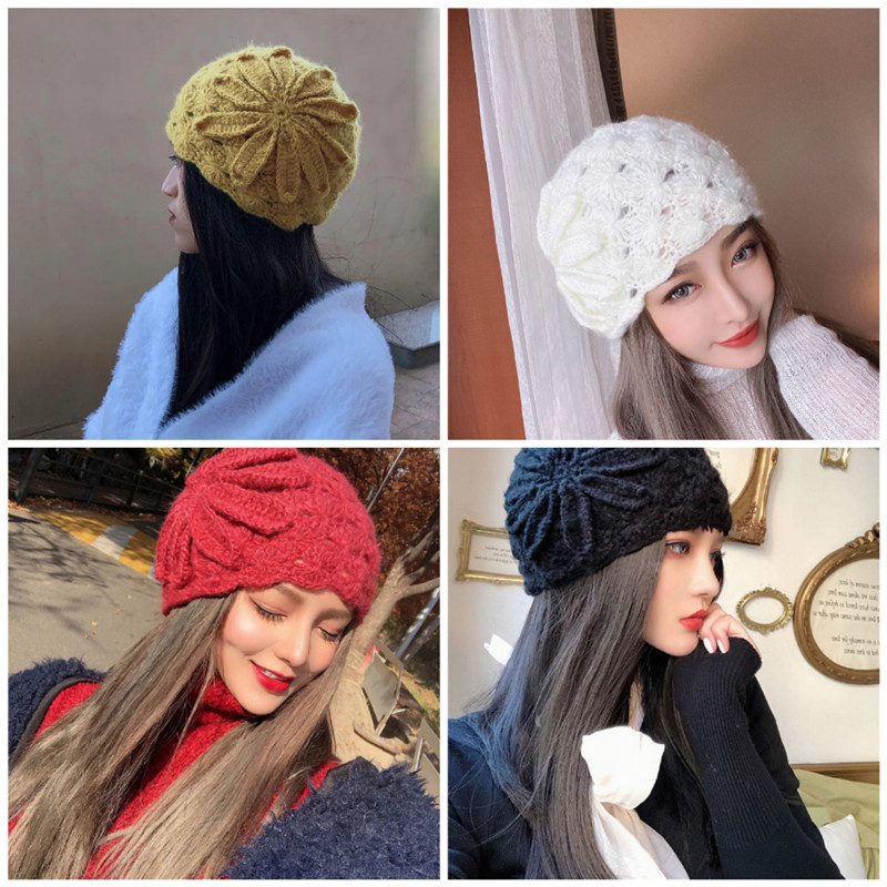 

Female hat, autumn and winter Korean version of versatile, retro-stylish dahua mahai hollow knitted wool hat, White.