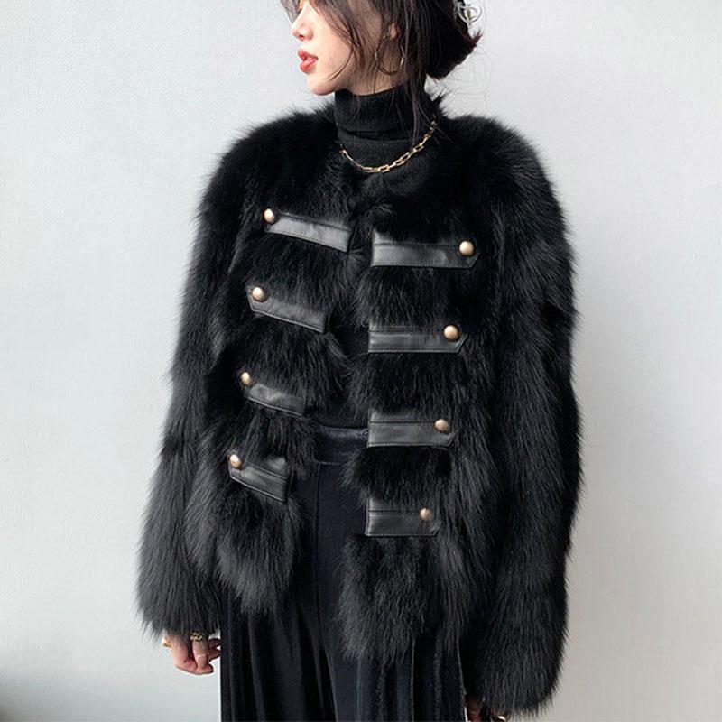 

2021 Autumn Winter Furry Faux Fur Metal Button Coat Women Warm Round Neck Short Parka Long Sleeve Female Outerwear Coat Jacket1, Beige