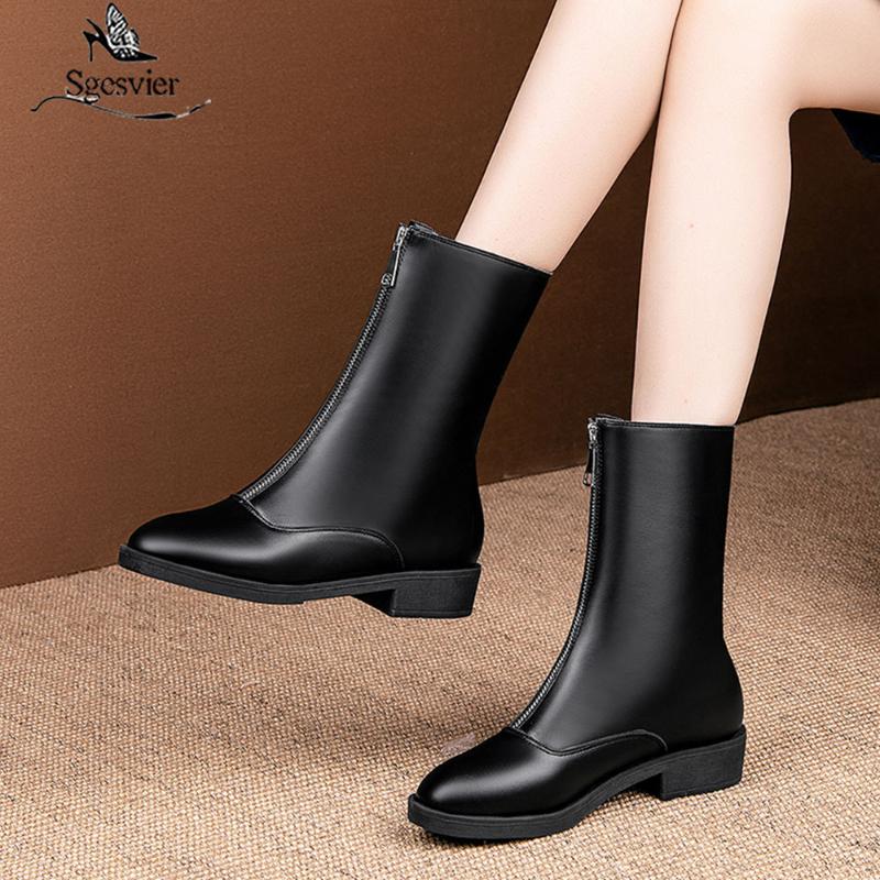 

Sgesvier Front Zipper PU Leather Boots for Women Round Toe Thick Heel Winter Autumn Booties Black White Red Ankle Boots G657