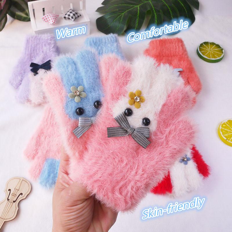 

2-5 Years Old Girls Winter Full Finger Gloves Kids Cute Animal Cartoon Mittens Warm Soft Knitted Stretch Children Playing Sports