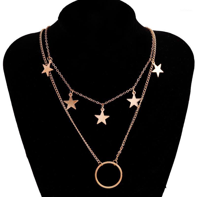 

Hot Selling Big Circles 5 Stars Chain Necklaces for Women Double Layer Gold Color Jewelry Birthday Party Gifts1