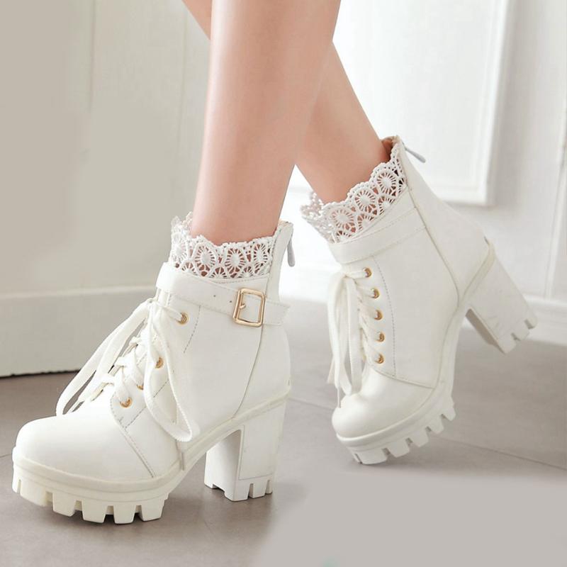 

Brand New Big Size 43 Sweet Lace Stylish Winter Shoes Boots Women Platform Square High Heels Ankle Boots, White