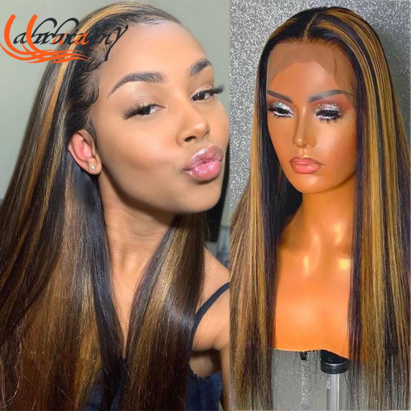 

HD Transparent Highlight Honey Blonde Human Hair Wigs Colored Straight Remy Wig Pre Plucked Bleached Knots 13x1+4x1, As pic