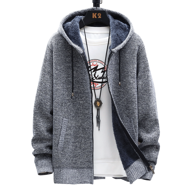 

Sweater Coat Men Winter Thick Warm Hooded Cardigan Jumpers Men Striped Wool Liner Zipper Fleece Coats Men Sweaters, Khaki