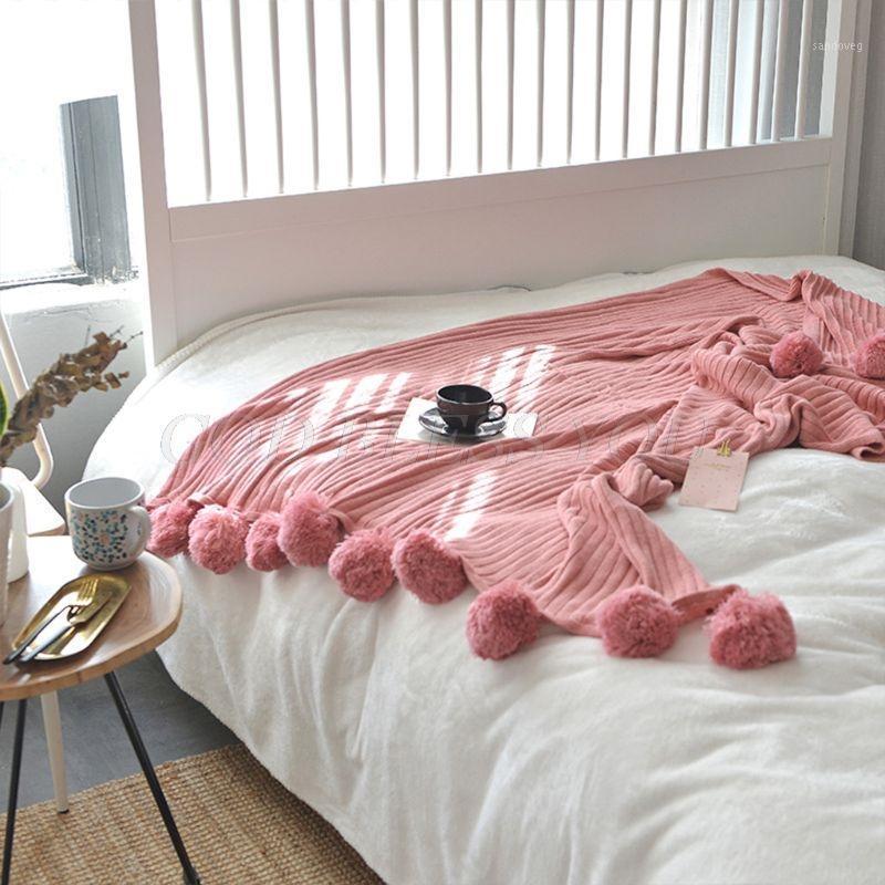 

Knitted Solid Candy Color Throw Blanket Cute Pompom Tassels Ribbed Striped Air Conditioning Sofa Bed Warm Cover Shawl1