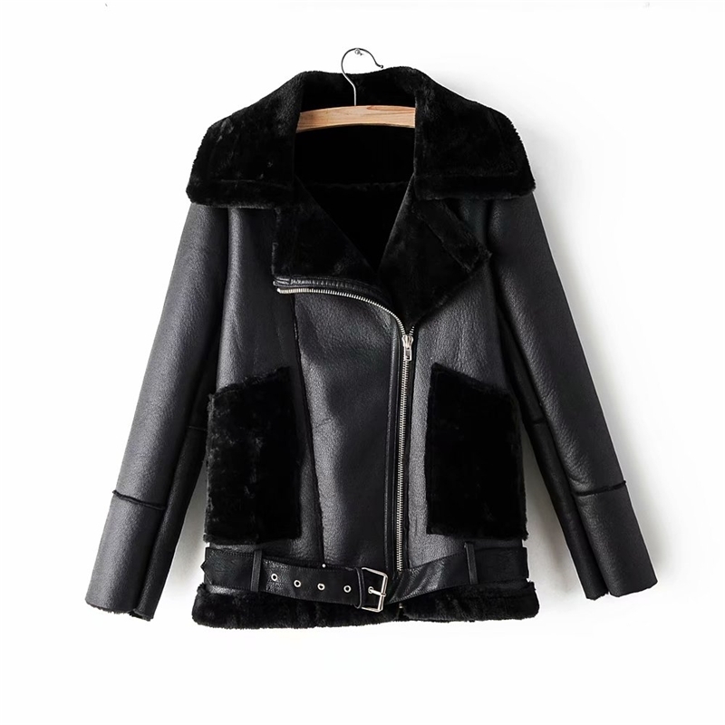 

2021 Fashions Black Women Plutonium Leather-foliage Nice New Lady Fake Lamb Wool Fur Coat Streetwear Women' Clothing Motorcycle Girls 05AL