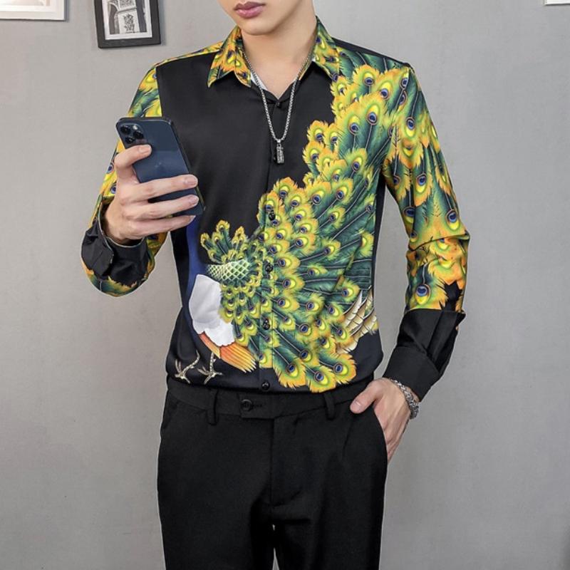 

Men's Casual Shirts 3D Peacock Printed For Men Long Sleeve Slim Fit Shirt Fashion Male Streetwear Social Party Nightclub Chemise Homme, Black