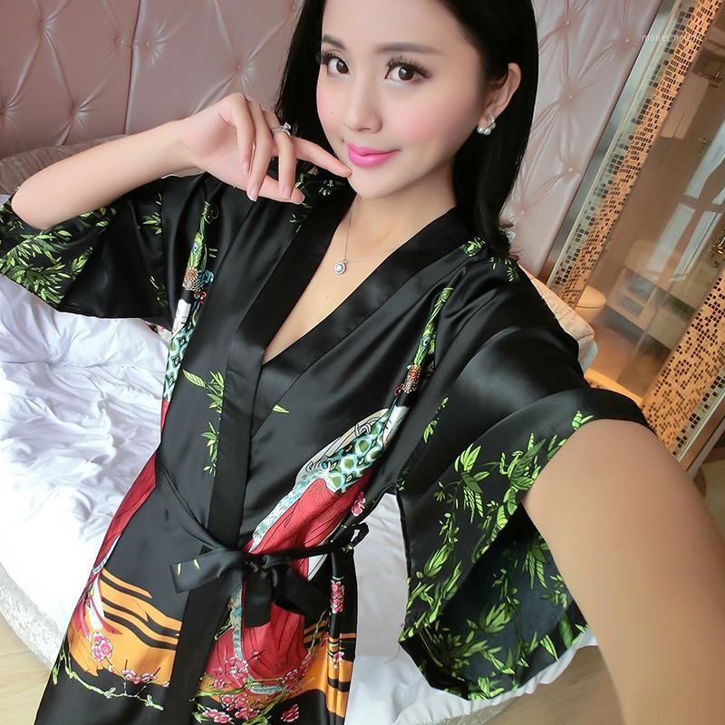

2020 Spring New Ladies Silk Satin Thin Robe Comfort Fresh Style Floral Printed Sleepwear Sexy Nightgown Femme Satin Homewear1, Hot pink b
