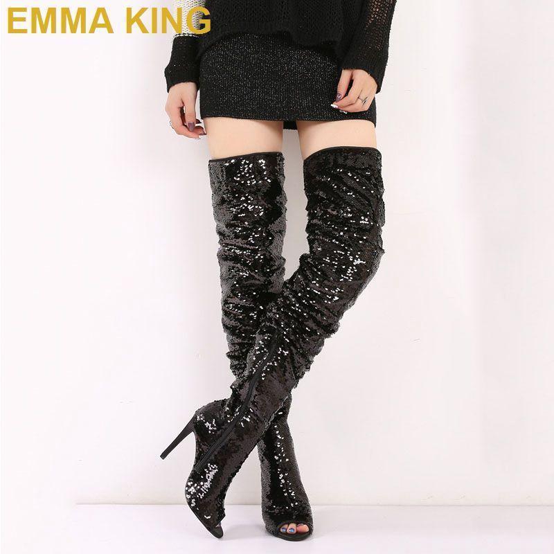 

Fashion Sequins Peep Toe Women Thigh High Boots Sexy Stiletto High Heels Shoes Glitter Over The Knee Ladies Boots Party Shoes1, Black