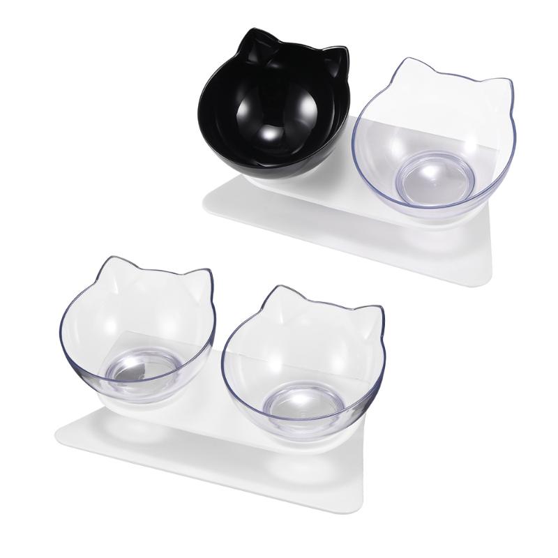 

Cat Double Bowl Cat Bowl Dog Transparent Stainless Stee/lABS Non-slip With Protection Cervical Transparent