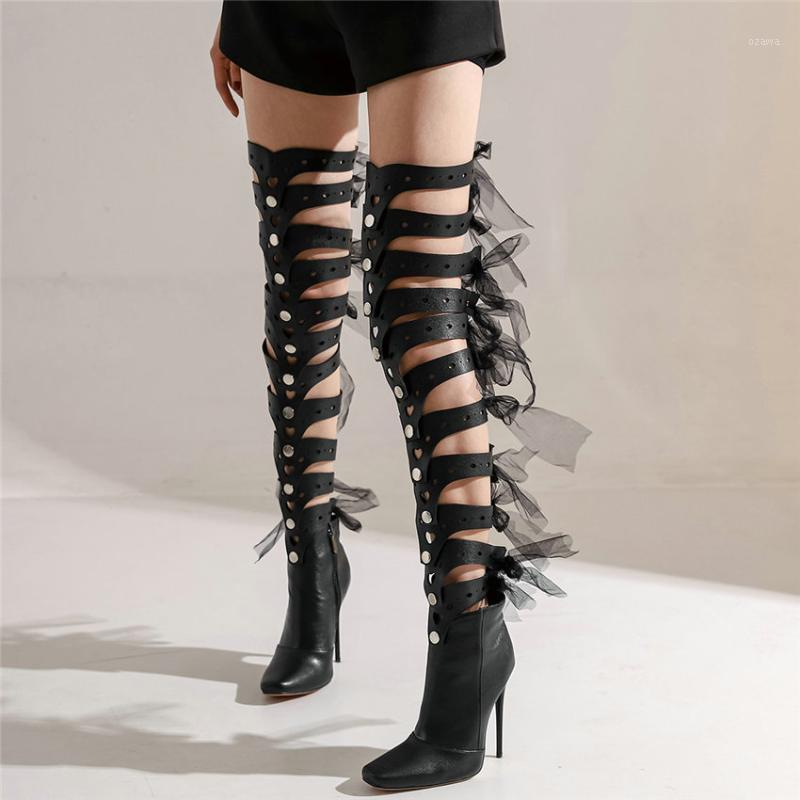 

Women Cut Out Straps Slim High Heel Over The Knee High Boots Female Square Toe Thigh Pumps Shoes Winter Warm Casual Shoes1, Black 5 straps