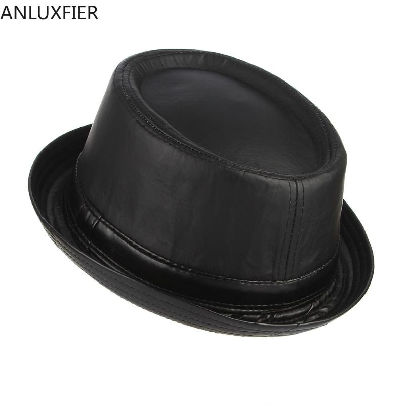 

H7213 Men's European American Fedoras Hat Male Curling PU Leather Cap Adult Gentleman Elegant Fashion Party Banquet Hats, Black