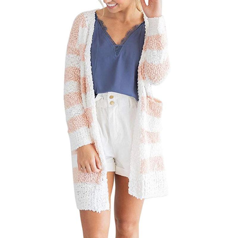 

Casual Loose Autumn And Winter Europe warm Stripes Winter Clothes Vestidos Long Cardigan Sweater Pocket, Gray