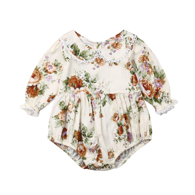 

Family Clothes Baby Girl Kids Lace Patchwork Long Sleeve Floral Romper High Waist Dress Cotton Outfits, Beige
