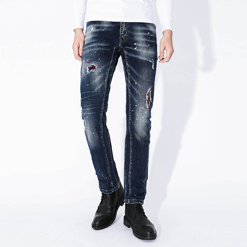

2021 New Jeans for Ripped Men Painted Thin Strain Pants Embroidered Hip Hip-hop Embroidery Blue Spring 6GGO