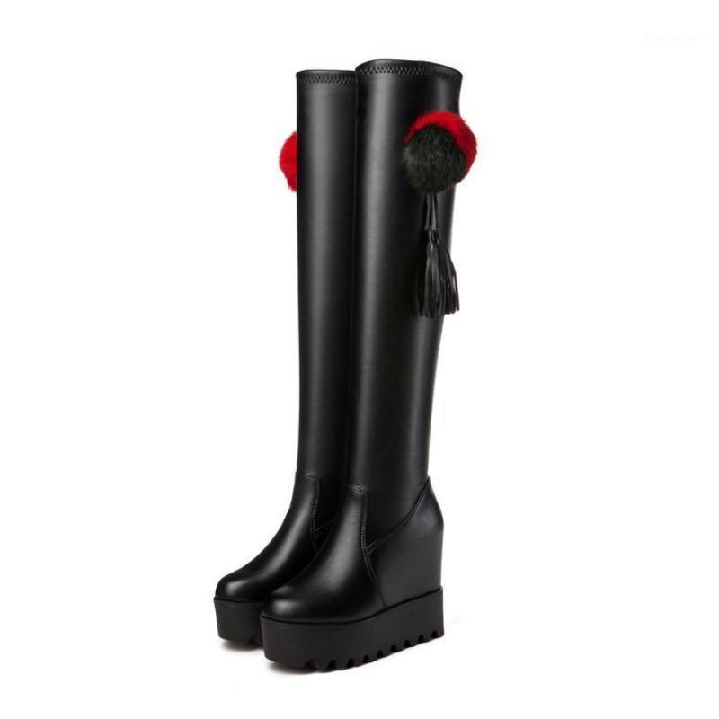 

Swyivy Wedges Shoes Womens High Boots Platform Chunky Tall Boots Autumn New 2020 Female Fashion Fur Ball Auutmn Long Boot Shoes1, Black
