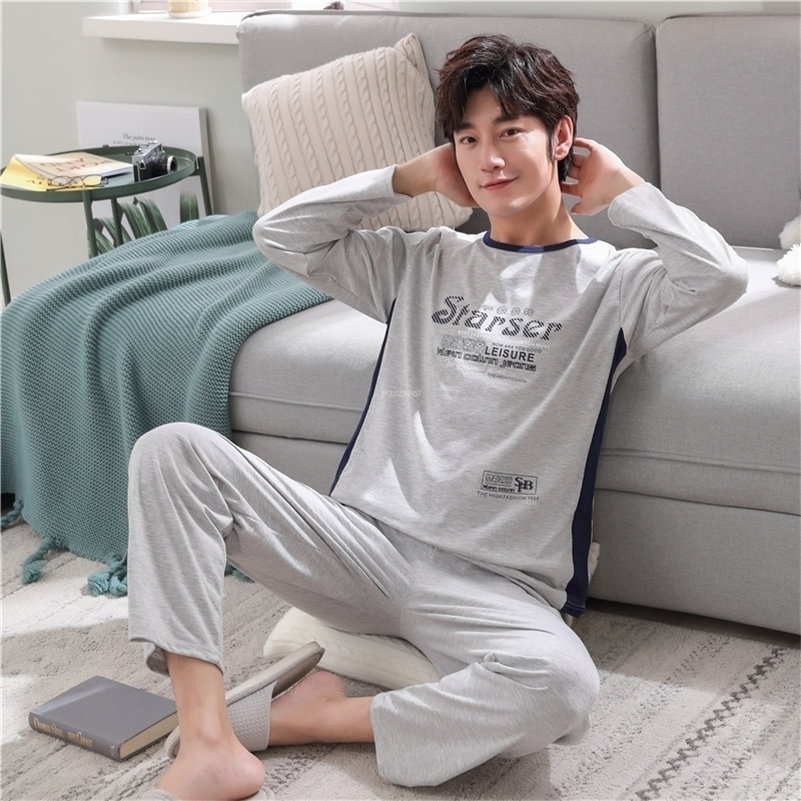 

Autumn Winter Men's Cotton Pajamas Set Letter Striped Sleepwear Cartoon Pajama Casual Sleep&Lounge Pyjamas Plus Size 3XL Pijama 201111, Beige