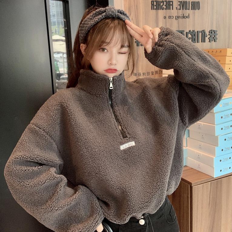 

Autumn and winter hoodies new imitation lamb velvet short plus velvet thick hooded sweatshirt female loose student jacket tide, Black