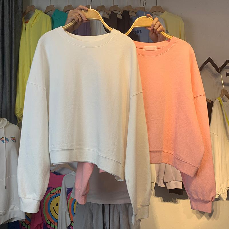 

Hoodie Ladies Cotton Short Elegant Sweet Pure Color Sweatshirt Ladies Korean Loose All-match Women's Long-sleeved Simple, Black