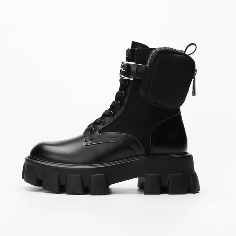 

Fashion Pocket Women Boot Lace Up Ladies Ankle Boots Female Motorcycle Chunky Sole Pouch High heels Boots Woman Platform Shoe #Dm0N, Black