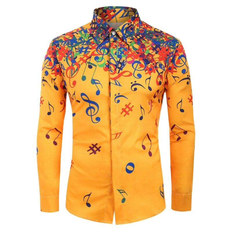 

Men Casual Novelty Musical Note Pattern Long Sleeves Shirt Top Blouse for Party NIN668, White