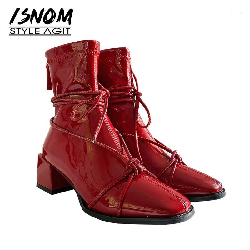 

ISNOM Women Patent Pu Ankle Boots Chunky Heel Square Toe Shoes Fashion Zipper Ankle Strap Bootie Woman Autumn Winter Boots 20211, Black